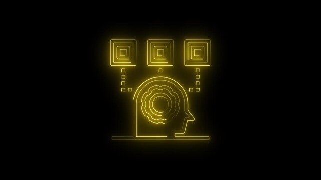 Neon glowing line icon of a human head with a gear inside and connected data squares representing artificial intelligence and machine learning