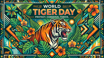 World Tiger Day - Majestic Tiger Roaring Amidst Lush Tropical Jungle Foliage © il
