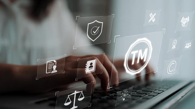 Trademark protection and legal compliance with TM icon, copyright law, patent check, intellectual property rights, and branding regulation enforcement Marrow