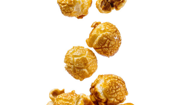 Caramel popcorn pieces falling, isolated on transparent background