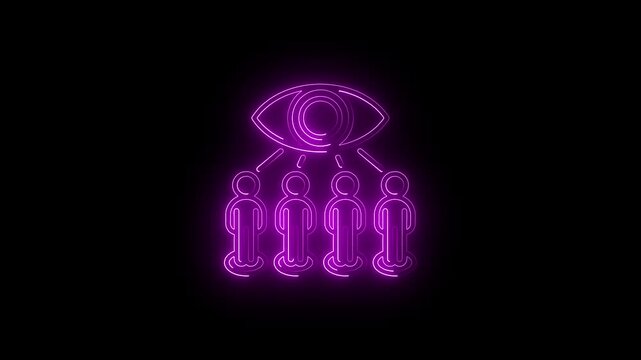 Neon glowing icon of a large eye watching over a group of people, representing surveillance, monitoring, or privacy concerns
