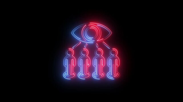 Neon glowing icon of a large eye watching over a group of people, representing surveillance, monitoring, or privacy concerns