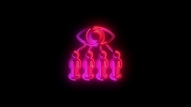 Neon glowing icon of a large eye watching over a group of people, representing surveillance, monitoring, or privacy concerns