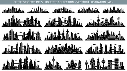 Fototapeta premium Futuristic Skyline Silhouette Collection – Minimalist Black Vector Illustrations of Modern and Sci-Fi Cityscapes