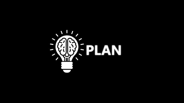 Business strategy concept: brain lightbulb animation with plan text