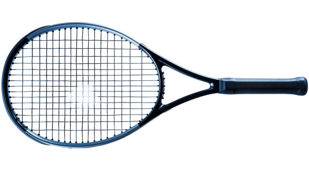 Dark blue tennis racket with textured grip, isolated on transparent background