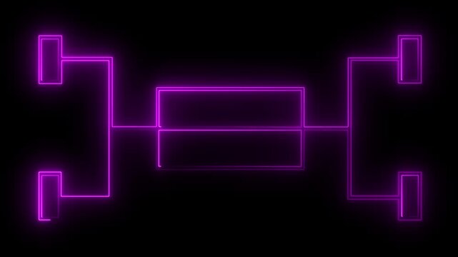 Neon glowing purple lines forming a symmetrical abstract circuit or tournament bracket diagram on a black background