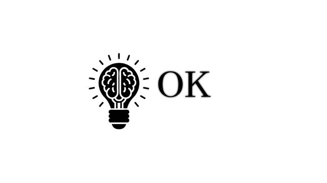 Brain light bulb idea animation with ok text and cursor click