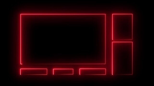 Neon glowing frames layout for streaming or video overlay, futuristic digital interface elements on black background