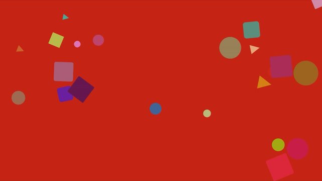 Animated colorful geometric shapes floating on a vibrant red background festive motion graphics.