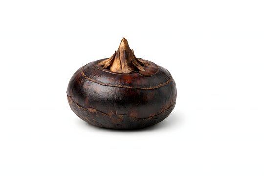 Whole dark brown water chestnut isolated on a white background. This exotic root vegetable photo is perfect for asian cuisine menus ethnic grocery ads and botanical identification