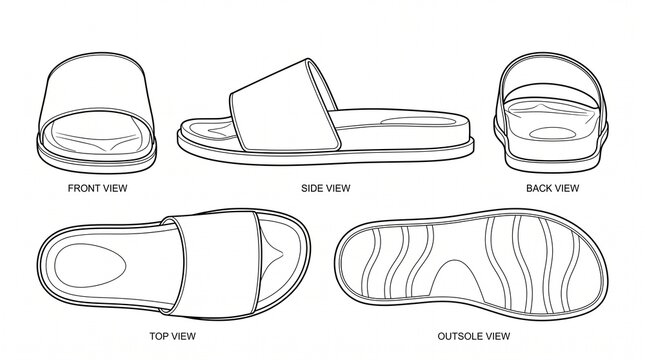 Slider Sandal Technical Sketch Vector - Multiple Views including Front, Side, Back, Top and Outsole for Footwear Design and Manufacturing Mockup