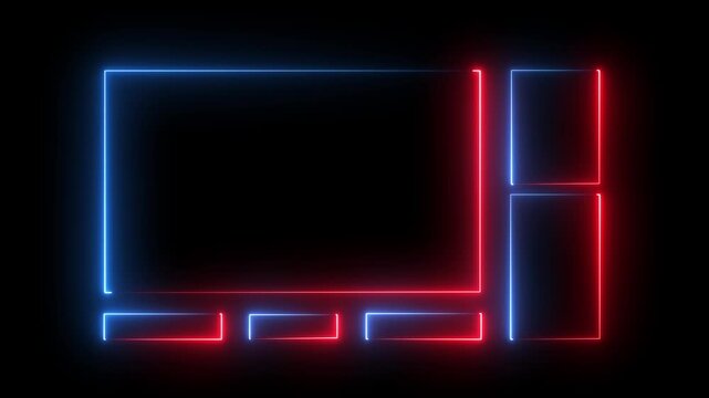 Neon glowing frame overlay with multiple rectangular sections for streaming or video content layout