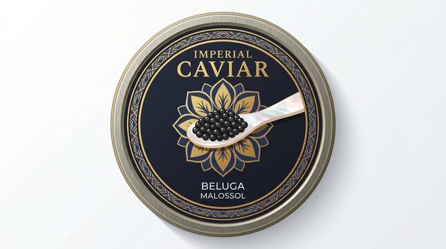 Top View of a Luxury Gourmet Black Caviar Tin Container with a Mother of Pearl Spoon on White Background