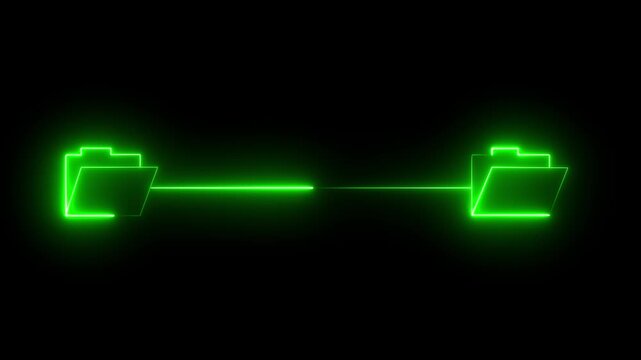 Neon green glowing folder icons connected by a line representing data transfer, file sharing, network connection, or cloud backup on a black background