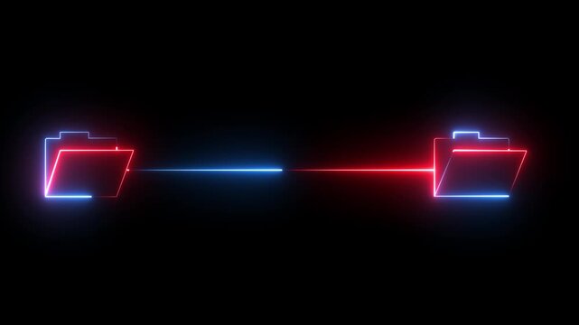 Neon glowing file transfer icon, data migration concept, digital information exchange, file synchronization, glowing folder symbols connected by a line on black background