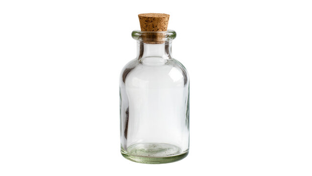 Clear glass apothecary bottle with cork stopper, isolated on transparent background