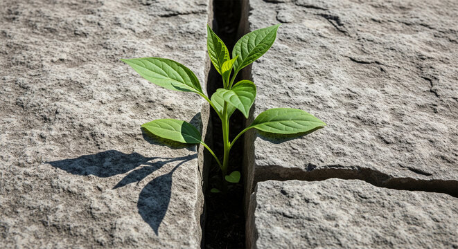 A small green plant sprouts resiliently from a crack in a large stone surface.