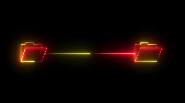 Neon glowing file transfer icon, data migration concept, digital information exchange, file synchronization, glowing folder symbols connected by a line on black background