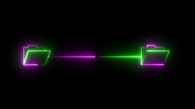 Neon glowing file transfer icon, data migration concept, digital information exchange, file synchronization, glowing folder symbols connected by a line on black background