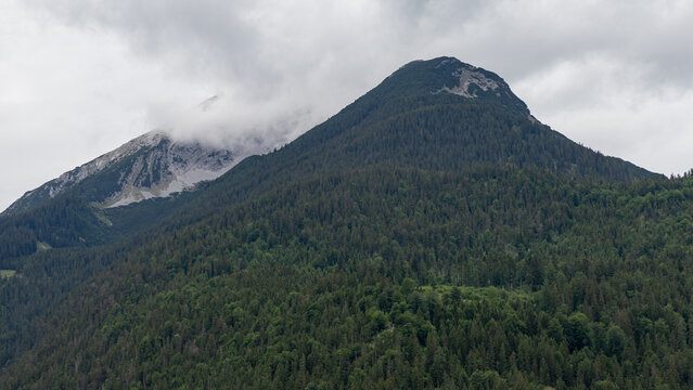 Forested Tyrolean Alpine Mountain Slope Under Cloudy Sky