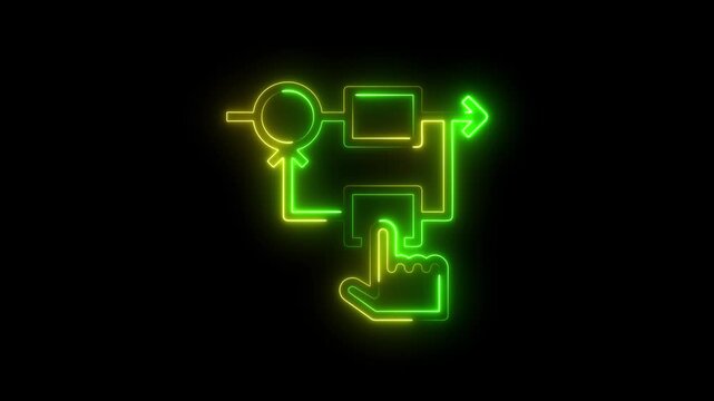 Neon glowing flowchart icon with a hand pointer selecting a process step on a black background