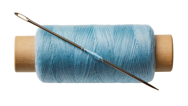 Metal sewing needle threaded through a spool of light blue cotton thread, isolated on transparent background
