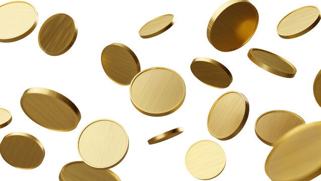Golden coins falling, isolated on transparent background