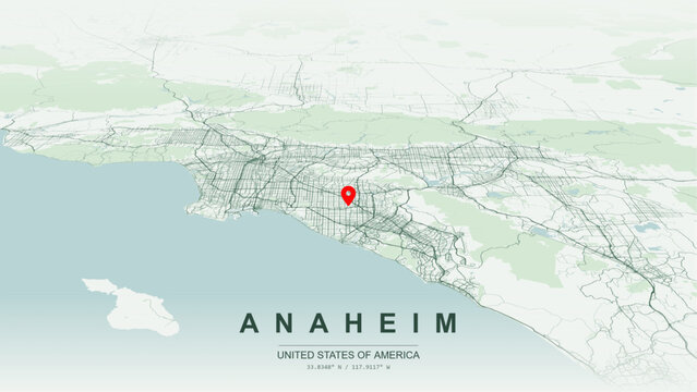 Modern minimalist vector map of Anaheim, California, USA. High-quality scalable illustration of Anaheim city grid, Interstate 5 and State Route 91 highway interchange for posters design.