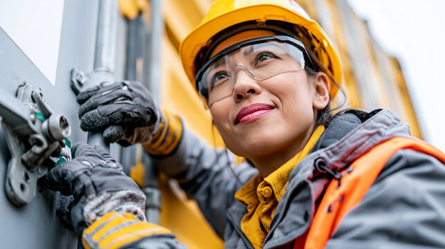 Commercial stock photo, action shot of an adult Asian industrial security specialist, late 30s, realistic face, serious analytical expression, wearing full PPE including yellow saf