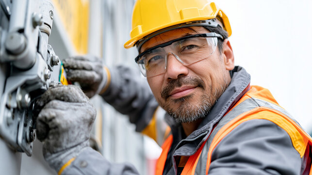 Commercial stock photo, action shot of an adult Asian industrial security specialist, late 30s, realistic face, serious analytical expression, wearing full PPE including yellow saf