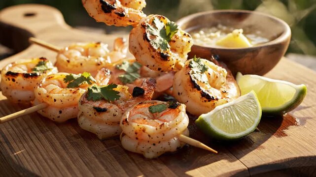 Grilled shrimp skewers with lime and dipping sauce on wooden board
