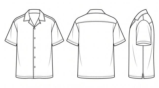 Technical fashion illustration of a men's Hawaiian shirt with short sleeves, front, back, and side views, in a flat outline style.