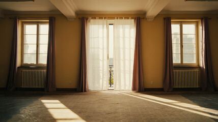 Fototapeta premium Empty Room With Sunlight Streaming Through Windows and Curtains tn4a