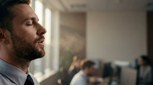 Side view photo of corporate worker breathing for anxiety relief to maintain mental health in modern office workplace with calm focus and copy space background