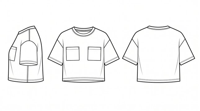 Technical fashion illustration of a women's crop top with pockets, featuring front, back, and side views on a white background.