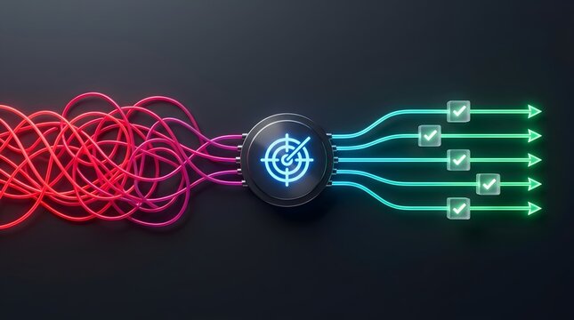 Process optimization and simplifying complexity concept with tangled red lines transforming into organized green checkmark arrows through a central target node