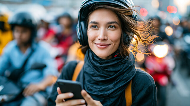 A professional woman on a crowded motorbike taxi (rickshaw) in Manila, using a smartphone with an unbranded app, dynamic motion, ultra realistic, no text, no logos, no watermark