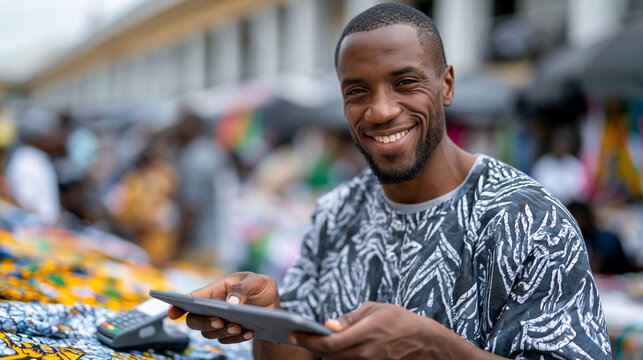 Lagos Market Transaction: Wide shot in a Lagos market: A man uses a tablet and a portable contactless card reader at a textile stall, surrounded by dynamic activity, high resolutio