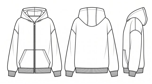 Hoodie technical fashion illustration with zipper, long sleeves, and pockets in front, back, and side views.