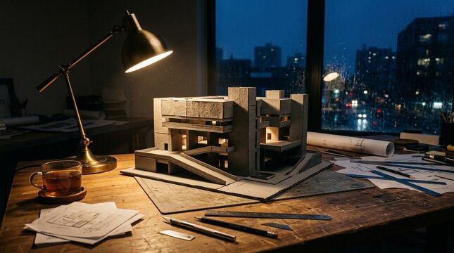 Architect's Brutalist Model on Desk with Drafting Tools and City View