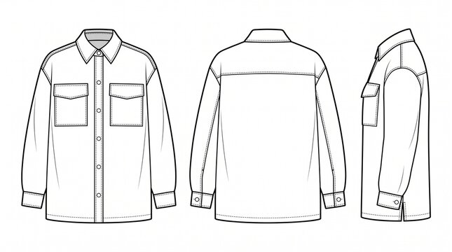 Oversized utility shirt technical fashion illustration with long sleeves, flap pockets, and classic collar. Front, back, and side views.