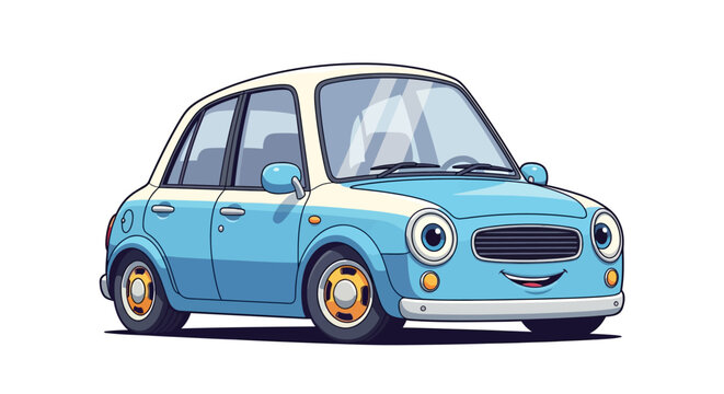 Cute Cartoon Car, Blue Retro Vehicle, Whimsical Design, White Background