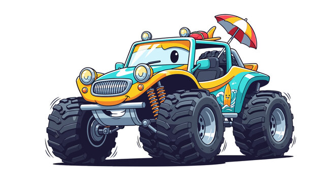 Cute Cartoon Dune Buggy with Beach Umbrella and Surfboard
