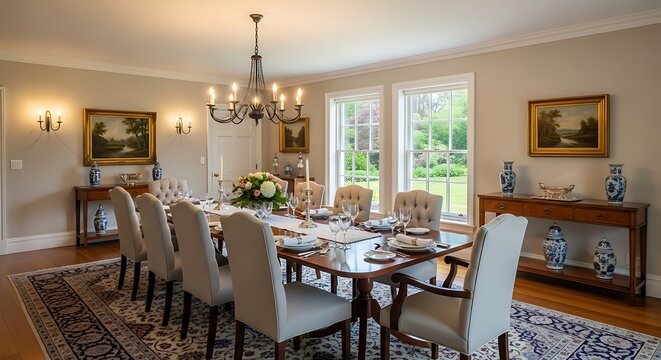 Elegant formal dining room interior with classic table setting