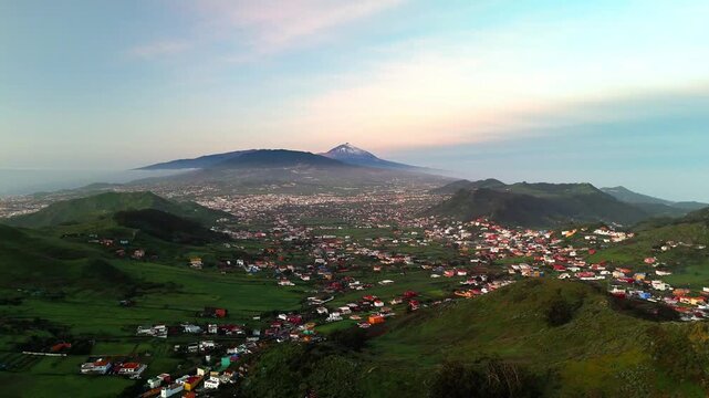 Pan across Mirador De Jardina valley with Mount Teide, Tenerife