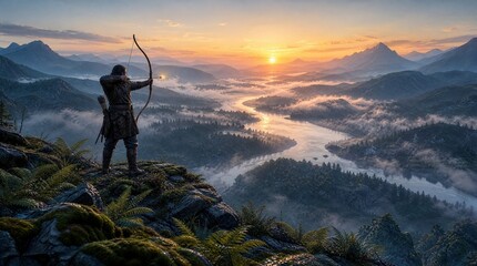 Obraz premium Archer Silhouetted Against Sunrise Over a Misty Mountain Valley