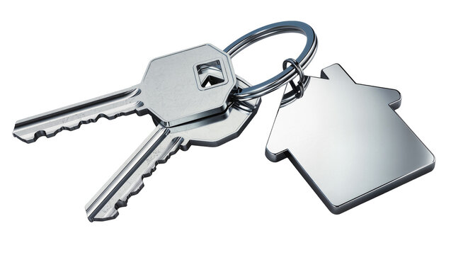Silver metal house shaped keychain with two keys, isolated on transparent background