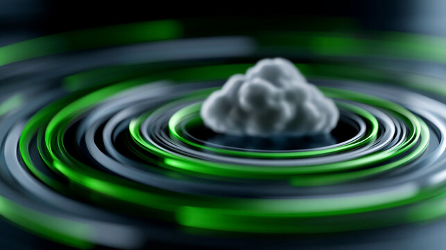 Corporate cybersecurity visualization featuring a cloud icon surrounded by multiple glowing layers of protection, representing SASE and sandboxing. The layers form a protective vir