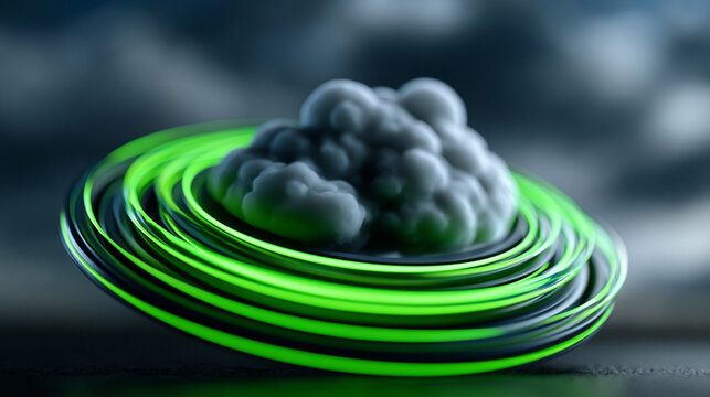 Corporate cybersecurity visualization featuring a cloud icon surrounded by multiple glowing layers of protection, representing SASE and sandboxing. The layers form a protective vir